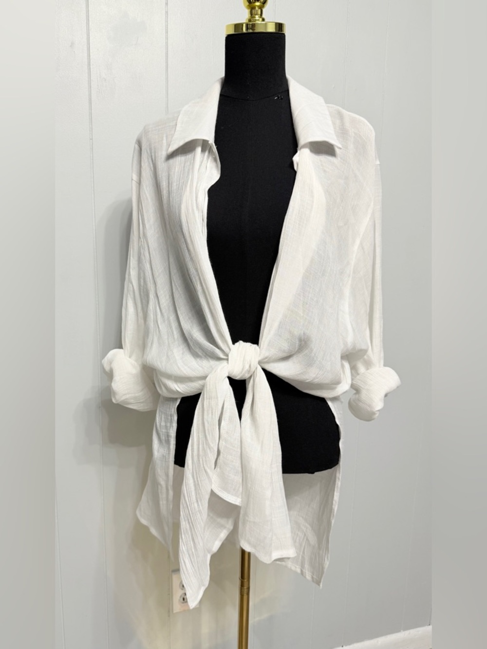 #16)  GOMORN White Polyester Long Button Down Shirt